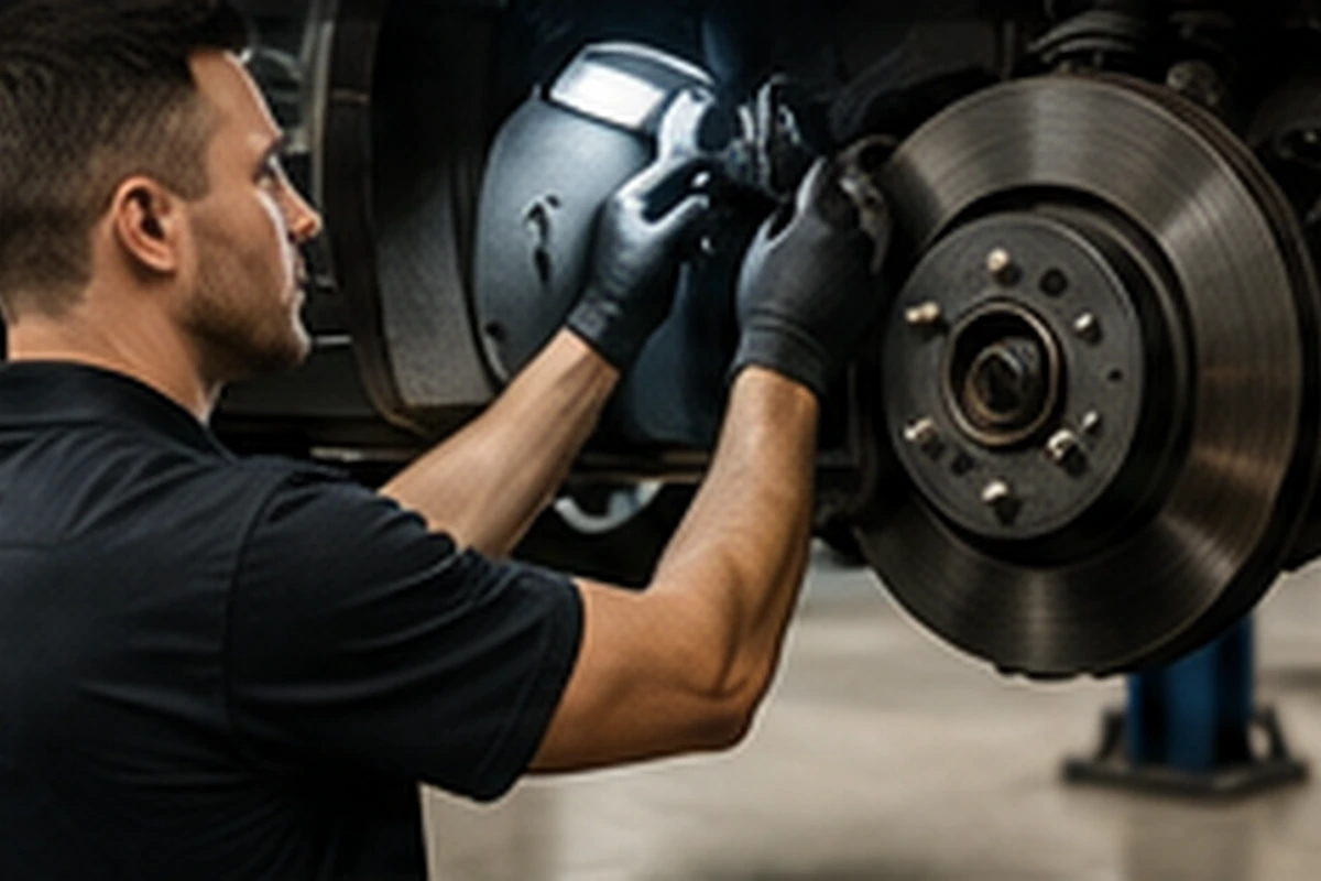 Technician inspecting brakes and suspension components
