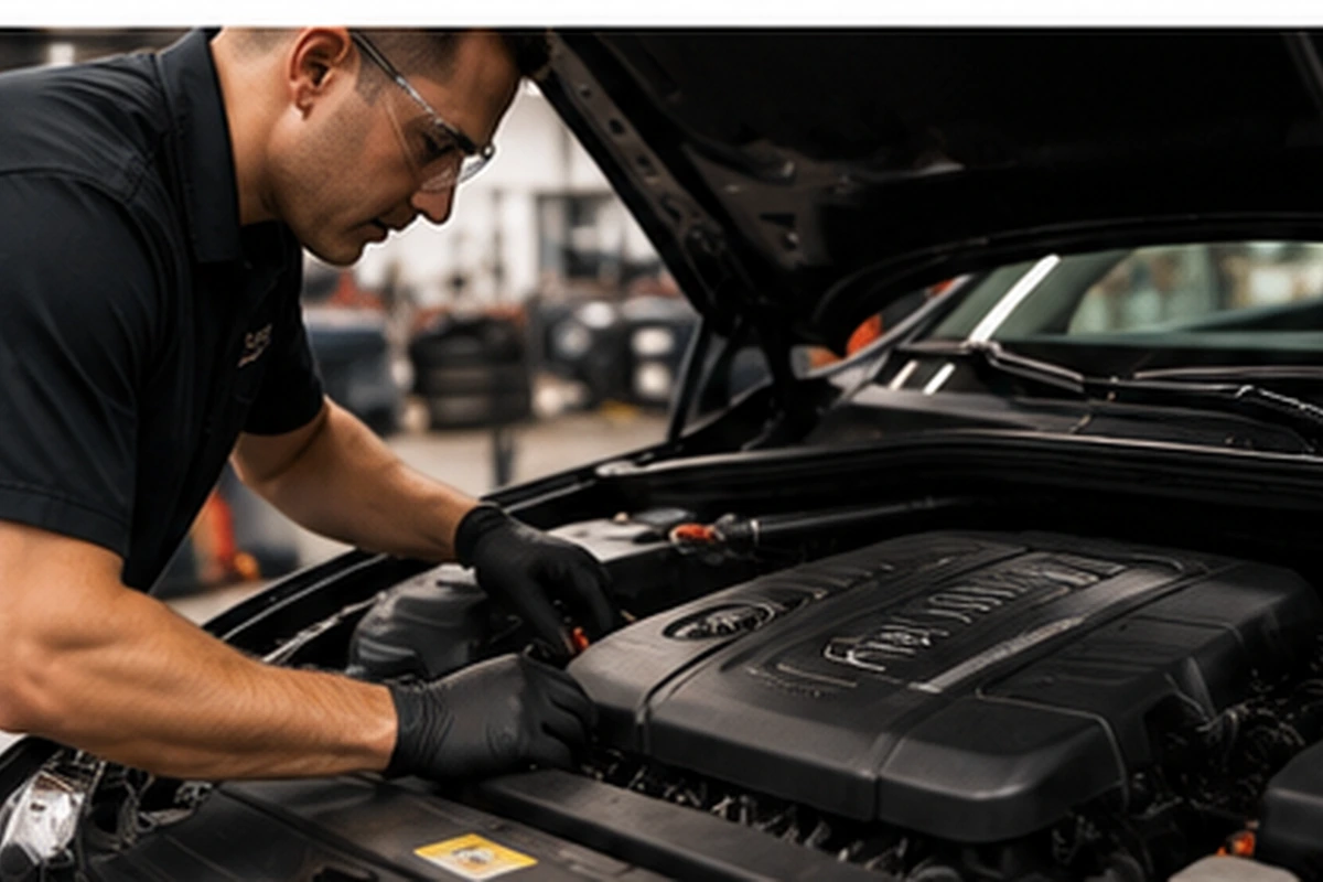 Technician inspecting a vehicle engine compartment