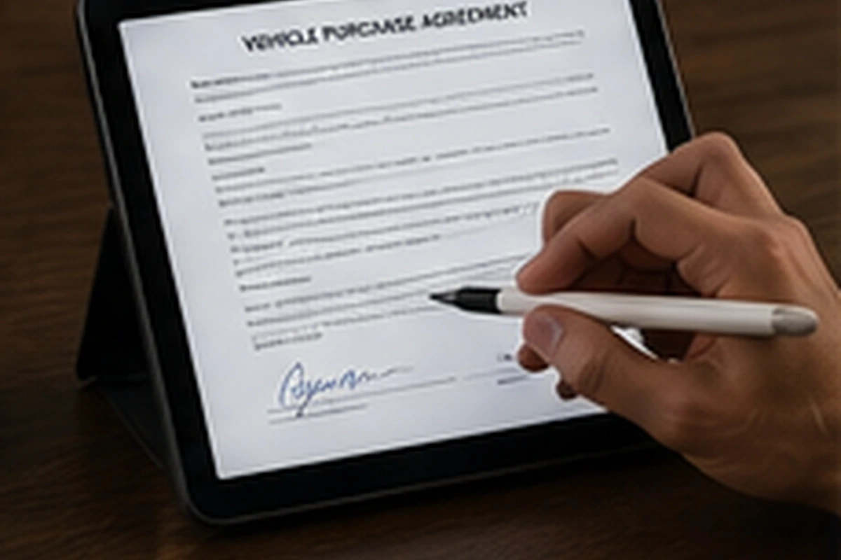 Customer reviewing vehicle purchase documents