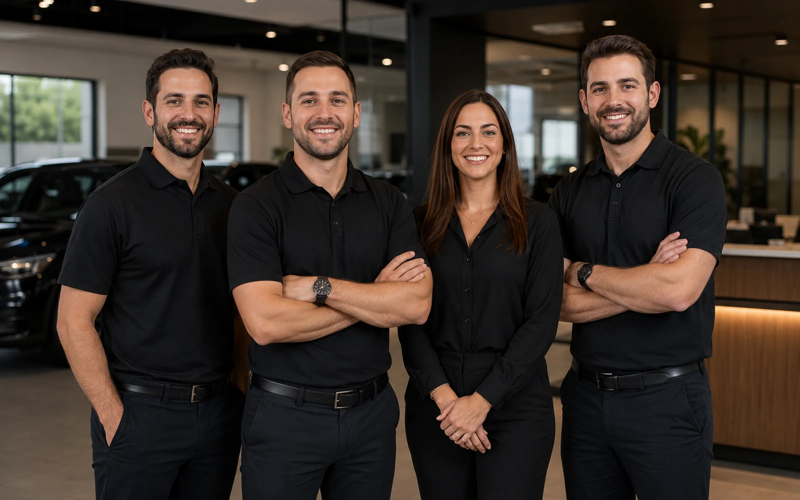 Illustrative customer-service team in a modern vehicle showroom